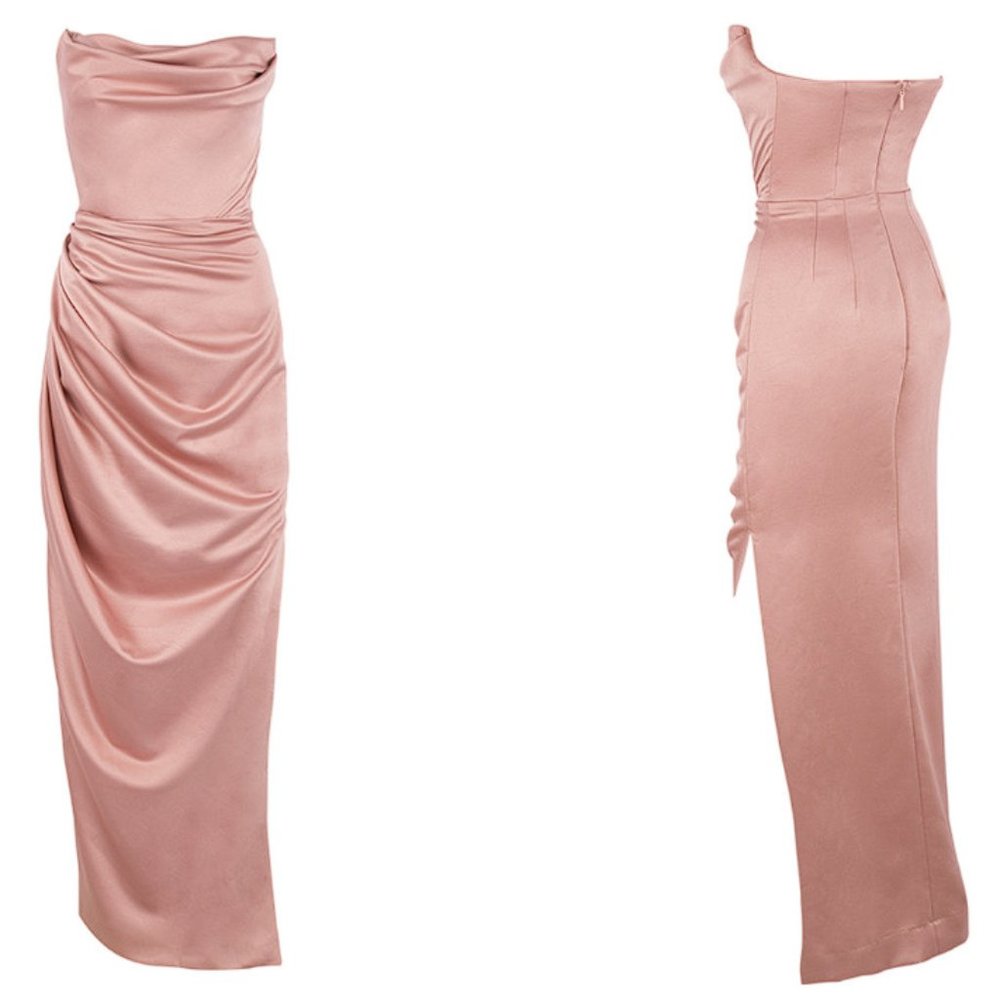 HOUSE OF CB 'Adrienne' Blush Satin Strapless Gown NWOT - Picture 13 of 15